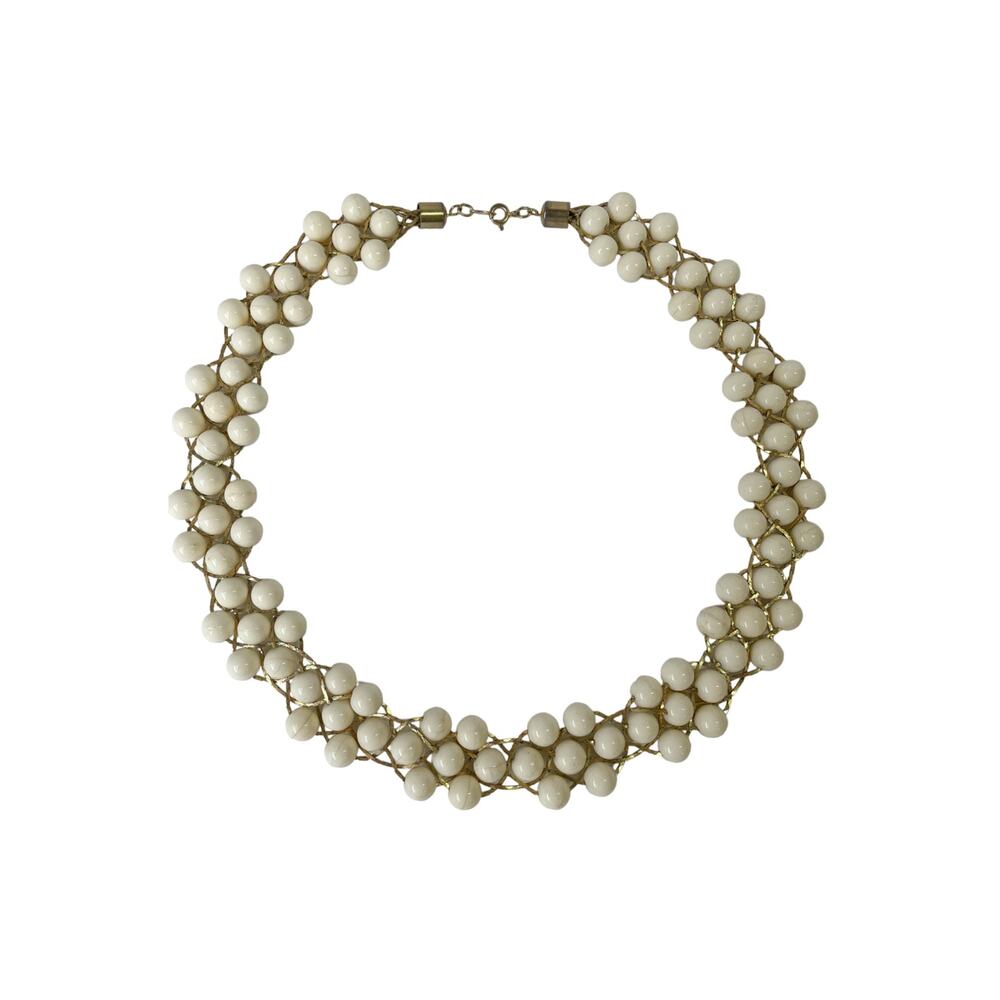 1990s Trifari Off-White Beads Gold Plated Woven Beaded Ladylike Choker Necklace